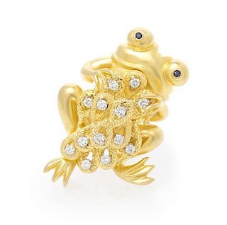 * An 18 Karat Yellow Gold, Diamond and Sapphire Frog Brooch, Akria, 20.40 dwts.