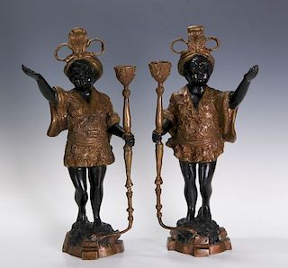 A LATE 20TH C PAIR BRONZE PUTTO BLACKAMOOR FIGURES