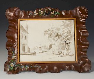A 19TH CENT AUSTRIAN BRONZE FRAME WITH WATERCOLOR