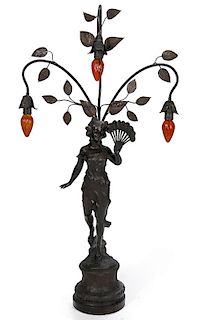A VICTORIAN PATINATED SPELTER NEWELL POST LIGHT