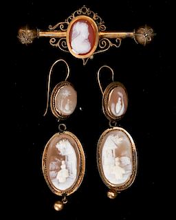 VICTORIAN CARVED SHELL AND HARDSTONE CAMEO JEWELRY