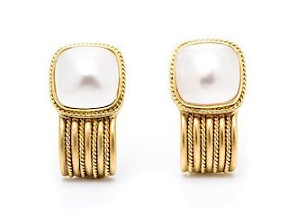 A Pair of 14 Karat Yellow Gold and Mabe Pearl Earrings, 11.00 dwts.