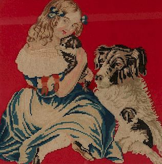 A 19TH CENT NEEDLEWORK PICTURE OF GIRL WITH PUPPY