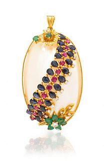 An 18 Karat Yellow Gold, Mabe Pearl, Diamond, Emerald, Ruby and Sapphire Pendant, 13.80 dwts.