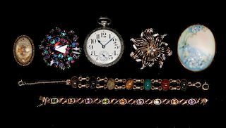 AN ESTATE LOT WITH COSTUME JEWELRY & POCKET WATCH