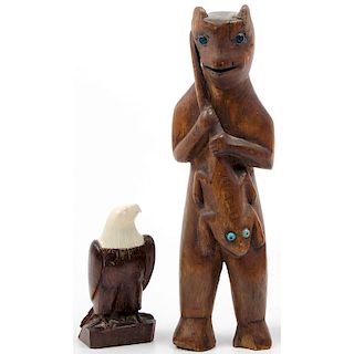 Ted Mayac Sr. (Inupiaq, 20th century) Walrus Ivory and Wood Carved Eagle PLUS A Northwest Coast Wood Bear Carving