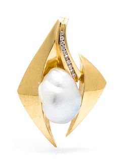 A 14 Karat Yellow Gold, Cultured Pearl and Diamond Pendant, 9.80 dwts.