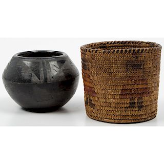 Tohono O'odham [Papago] Figural Basket PLUS Santa Clara Blackware Pottery Jar