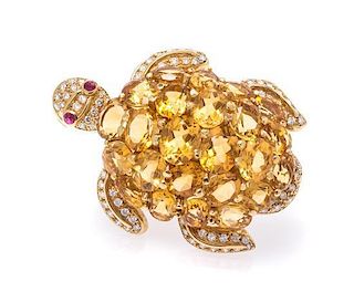 * An 18 Karat Yellow Gold, Citrine, Diamond and Ruby Turtle Brooch, 22.00 dwts.