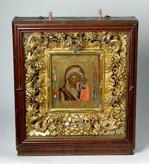 19th C. Russian Icon Mother of God, Gilded Liner & Kiot