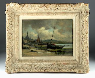 Late 19th C. G. Marioniez Oil Painting of Port Scene