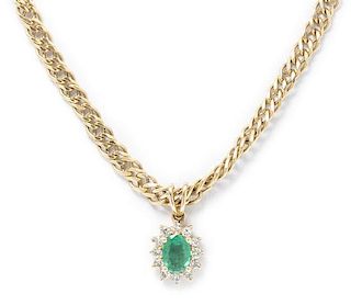 A 14 Karat Yellow Gold, Emerald and Diamond Pendant Necklace, 9.60 dwts.