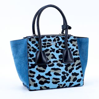Prada Sky Blue/Black Leopard Print Pony And Suede Heaven Bag PM. Silver tone hardware, the interior of black signature fabric with zippered and patch 
