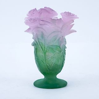 Daum France Pink & Green Pate De Verre Flower Vase. Signed.