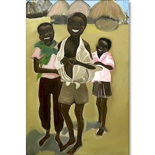 Hayes (20th C) Oil on Canvas, Tribal Children in Village, Signed and Dated 1995 Lower Right. Art Basel 2007 inscription en verso.