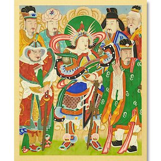 A Chinese Silk Scroll Painting, Several Standing Warrior and Scholar Figures. Good condition.