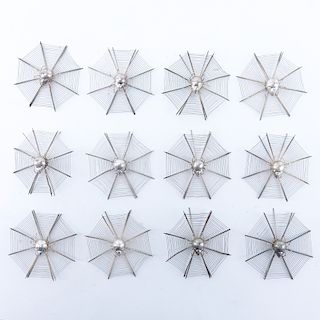 Twelve (12) Vintage Japanese Low Grade Silver Spider Web Place Card Holders with Box. Unsigned.