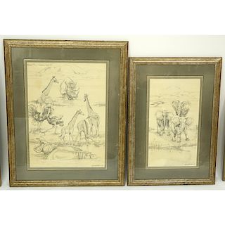 Two (2) Nicely Done Pencil Drawings "Serengeti". Signed lower right (illegible) and dated 84.