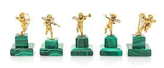 A Collection of 18 Karat Yellow Gold and Malachite Cherub Figurines,