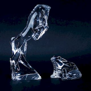 Grouping of Two (2): Baccarat Clear Crystal Horse Figurine, Baccarat Clear Crystal Frog Figurine. Each appropriately signed to base.