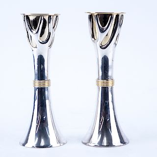 Pair Of Modern Mixed Metal Candlesticks. Signed Made In India.