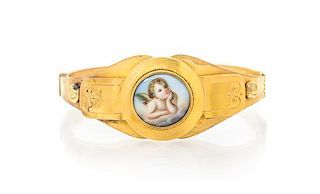 A Victorian Yellow Gold and Putti Portrait Miniature Bangle Bracelet, 14.30 dwts.