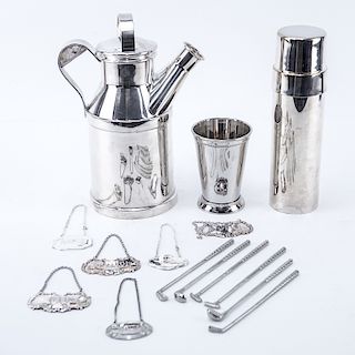 Grouping Of Silver Plate Bar Accessories. Includes: Reed & Barton shaker/decanter, Towle shaker, Towle tumbler, 6 golf club motif stirrers, 6 decanter