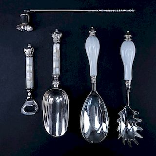 Collection of Five (5) Vintage Serving Pieces. Includes: Mother Of pearl Handled scoop and bottle opener, porcelain handled casserole spoon and past s