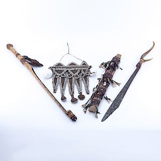 Antique Dayak Tribal Grouping of Three (3): Large Sword with Carved Antler Handle, Blowgun, and Beaded and Shell Hanging Ornament/Necklace. Condition 