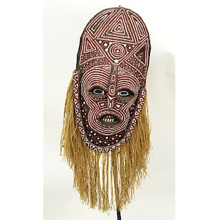 20th C. African Zambian Burlap Ceremonial Mask on Large Metal Stand.