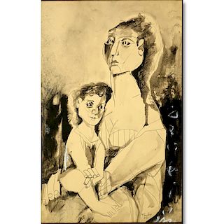20th Century Gouache on Paper, Portrait of a Mother and Child, Signed Foudos? Lower Right. Some water spots to paper.