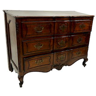 19th Century French Carved Walnut Commode/Chest of Drawers with Bronze Pulls. Three large fitted drawers and stands on front cabriole and rear bracket