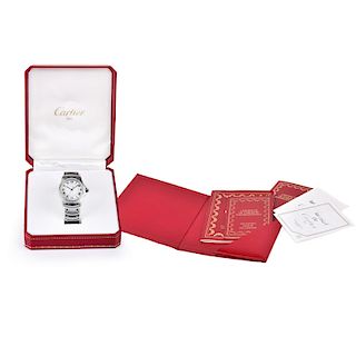 Lady's Vintage Cartier Santos Ronde Stainless Steel Bracelet Watch with Quartz Movement and Calendar. With boxes, papers and extra bracelet links.