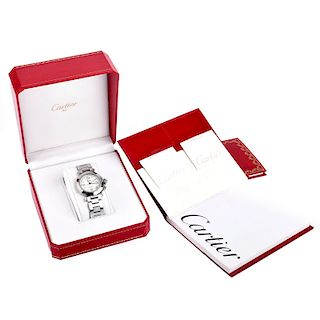 Man's Vintage Cartier Pasha Stainless Steel Bracelet Watch with Automatic Movement. With boxes, papers, and extra bracelet links.