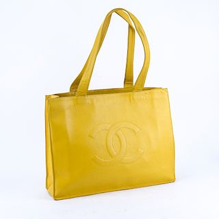 Chanel Yellow Caviar Leather Vintage Tote With Front Logo. Gold tone hardware.