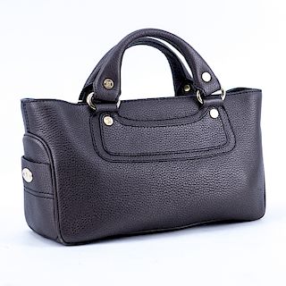 Celine Dark Bronze Leather Boogie Handbag. Gold tone hardware, signature fabric interior with zippered and patch pockets.