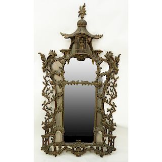 Impressive Large 19/20th Century Carved Wood Chinoiserie Pagoda Mirror. With a seated figure in the pagoda, squirrels, architectural and ornate foliat