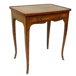 19th Century French Kingwood Inlaid Side Table with Gilt Bronze Mounts. Large sliding drawer and stands on tapering cabriole legs.