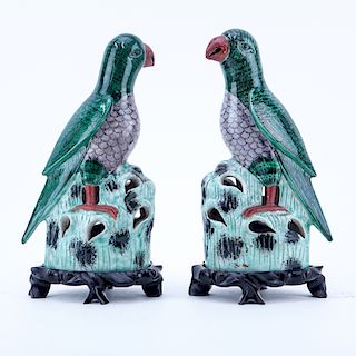 Pair of 19th Century Chinese Famille Vert Porcelain Birds Figures on Wooden Bases. Good condition.