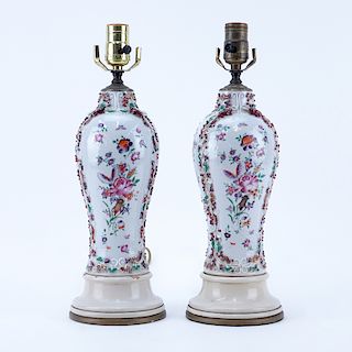Pair of Samson Raised Floral Relief Porcelain Lamps. Typical rubbing to paint, some small nicks.