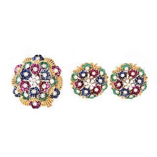 Vintage Italian Lunati Diamond, Emerald, Sapphire, Ruby and 18 Karat Yellow Gold Brooch and Earring Suite en tremblant. Fine quality stones throughout