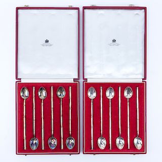 Vintage Asprey & Company Limited, London Two (2) Boxed Sets of Six (6) Sterling Silver Iced Tea Spoons, One (1) with Gold Wash. Signed, stamped 925.