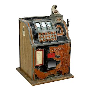 Antique 10 Cent 3-Bar Slot Machine with Key, Huber Coin Machine Sales Co. Chicago, Illinois.