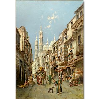 Max Friedrich Rabes, German (1868 - 1944) Oil on Canvas, Street Scene in Cairo, Signed Lower Right. Craquelure and light yellow spotting.