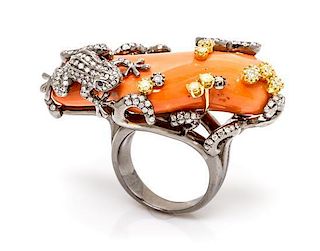 An 18 Karat Gold, Coral, Diamond and Colored Diamond Ring, 23.25 dwts.