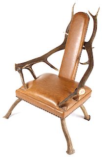 Rustic 6x6 Montana Elk Antler Leather Lounge Chair