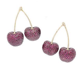 A Pair of 18 Karat, Ruby and Diamond Cherry Earrings, 33.20 dwts.