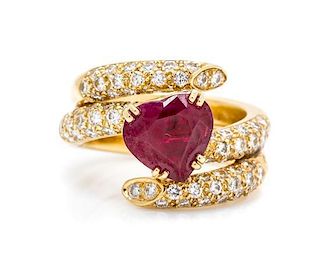 An 18 Karat Yellow Gold, Diamond and Ruby Articulated Ring, French, 9.30 dwts.