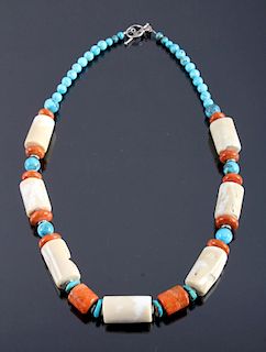 Signed Navajo Turquoise & White Coral Necklace