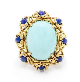 An 18 Karat Yellow Gold, Turquoise and Lapis Lazuli Ring, 9.10 dwts.